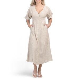 NEW Max Studio London Striped Linen Cotton Blend Puff Sleeve Maxi Dress Size S